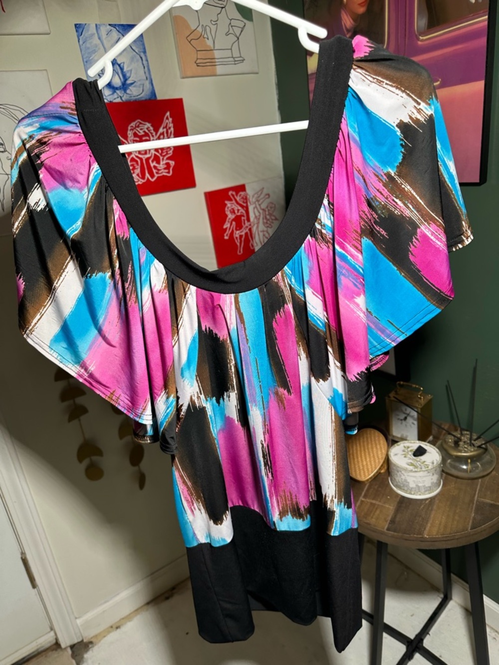 Vibrant Brushstroke Flutter Sleeve Top - Black Trim
